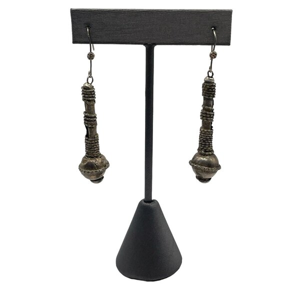 Antique Handmade Tribal BOHO Unmarked Sterling Silver Drop Tube Pierced Earrings